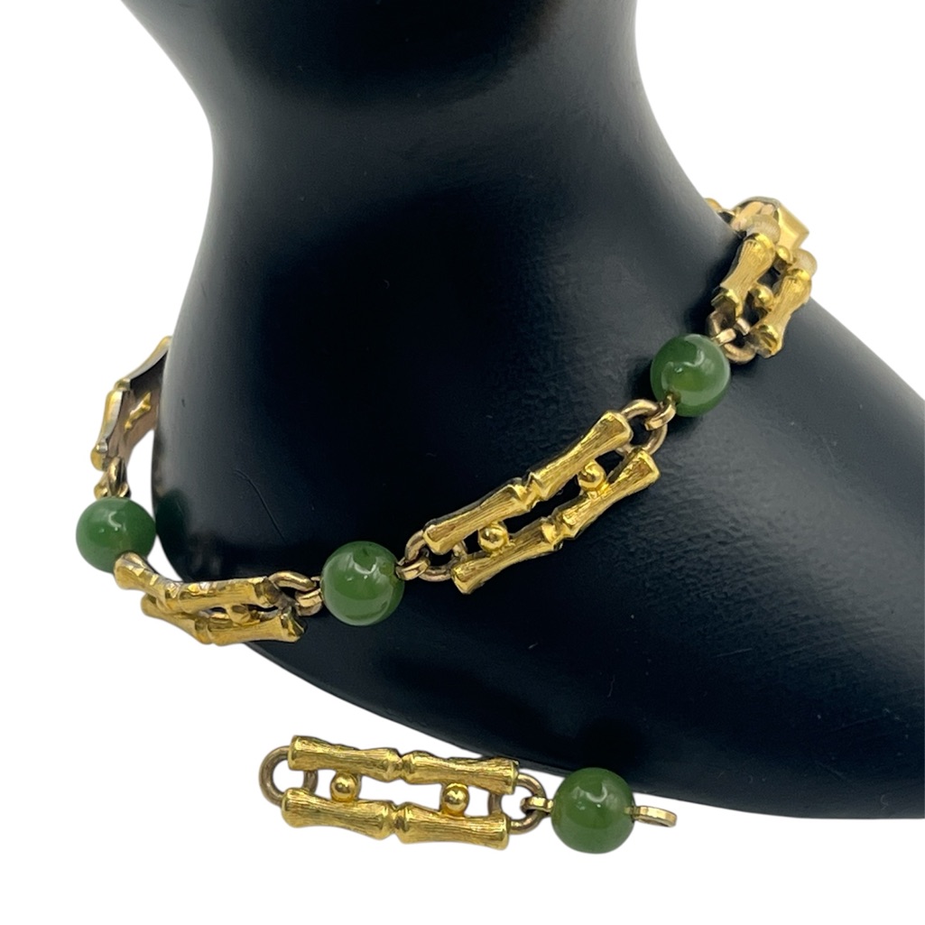 Krementz Bamboo Style Gold Tone Green Beaded Bracelet Vintage
